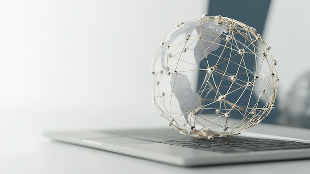 3D rendering of a linear globe connected to a laptop on a white background