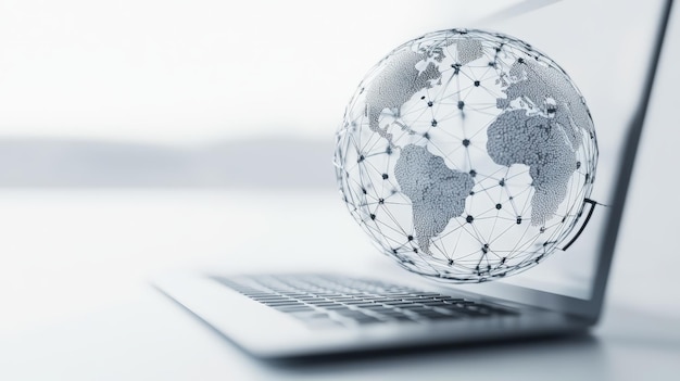 Photo 3d rendering of a linear globe connected to a laptop on a white background