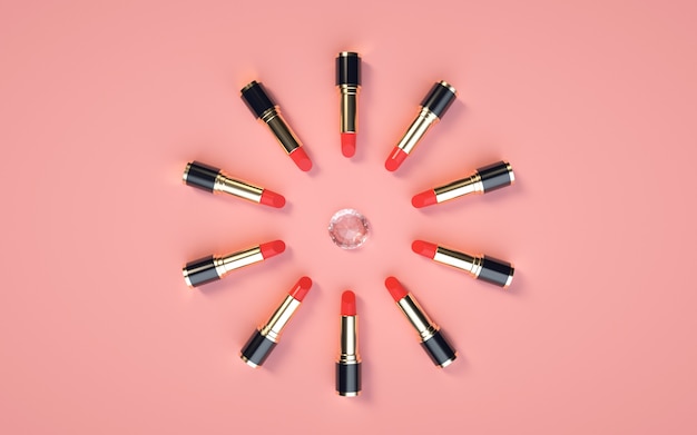 3D rendering of the lipstick product circling diamond on a pink for mock up display