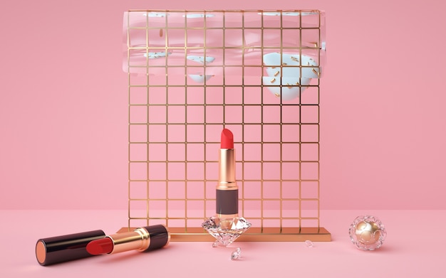 3d rendering of lipstick product with gold pedestal on pink