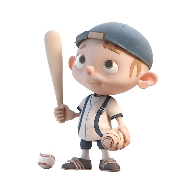 3D rendering of a little boy baseball player with a baseball bat