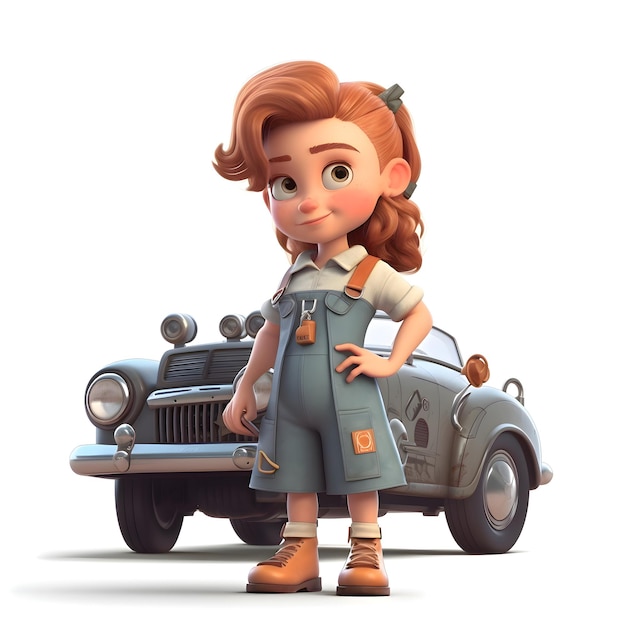 3d rendering of a little girl with a vintage car on a white background