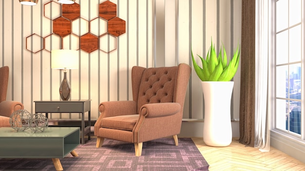 3D rendering of the living room interior