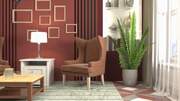 3D rendering of the living room interior