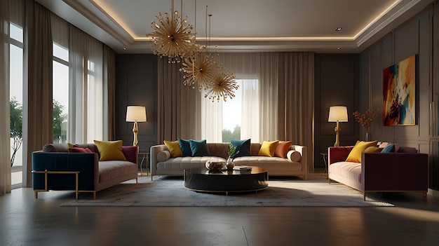 3D rendering living room Luxurious apartment background with contemporary design Modern interior design