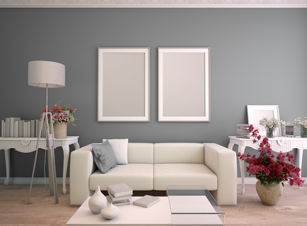 3D rendering of a living room with two mock up poster frames