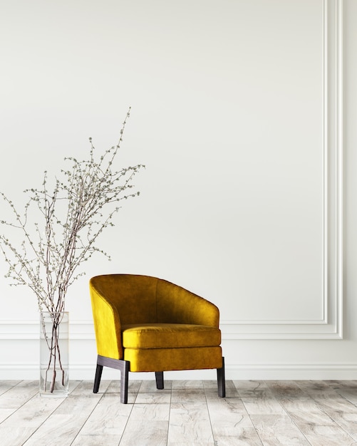 3D rendering of living room with yellow armchair and flowers.