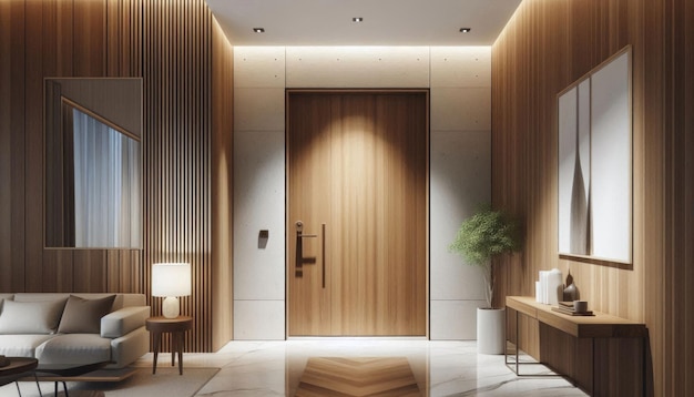 a 3d rendering of a lobby with a wooden door and a lamp