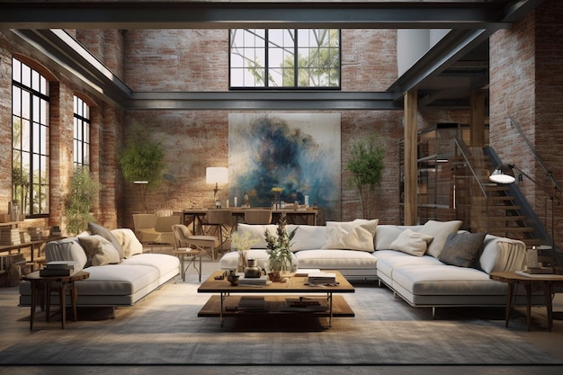 3d rendering loft living room and living room in loft style Ai Generated