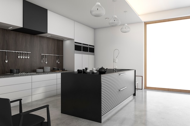 3d rendering loft modern kitchen near window