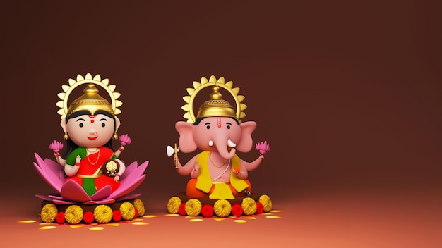 3D Rendering Of Lord Ganesha And Lakshmi Worshipped Together On Brown Background