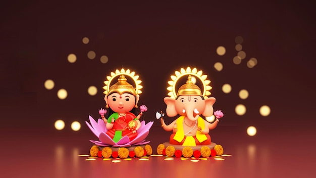 3D Rendering Of Lord Ganesha And Lakshmi Worshipped Together On Brown Bokeh Background