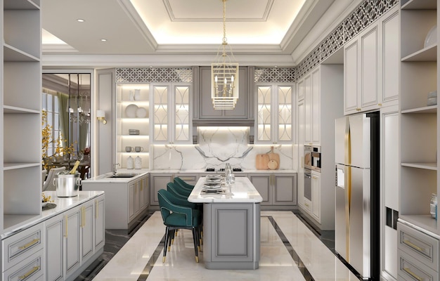 3d rendering luxurious pantry dining room and living room interior scene