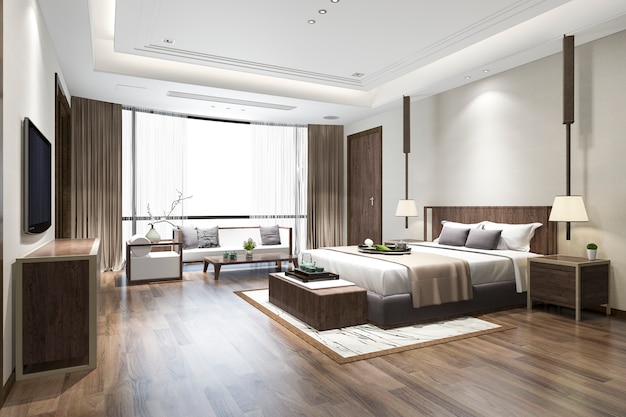 3d rendering luxury chinese bedroom suite in resort hotel