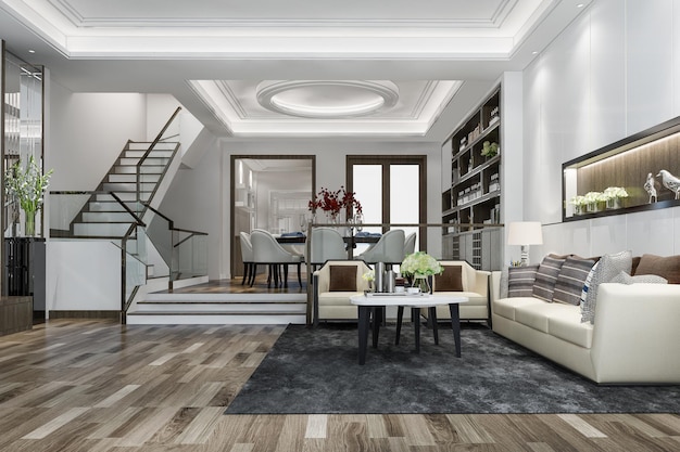 3d rendering luxury classic wood living room near stair and chandelier decor with high ceiling