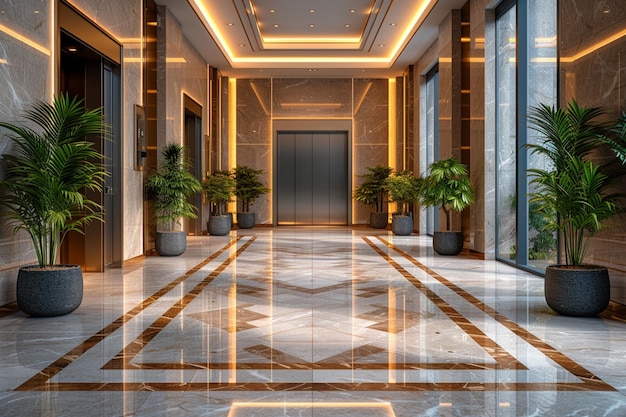 3D rendering of a luxury hotel lobby with a beautiful marble floor