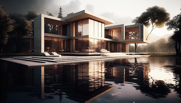 3D rendering of a luxury house with a swimming pool. House with panoramic windows. Modern architecture.