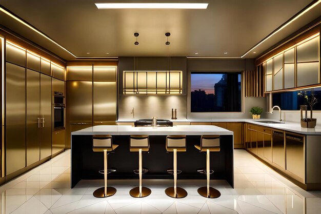 3d rendering luxury kitchen and dining room in hotel with night view