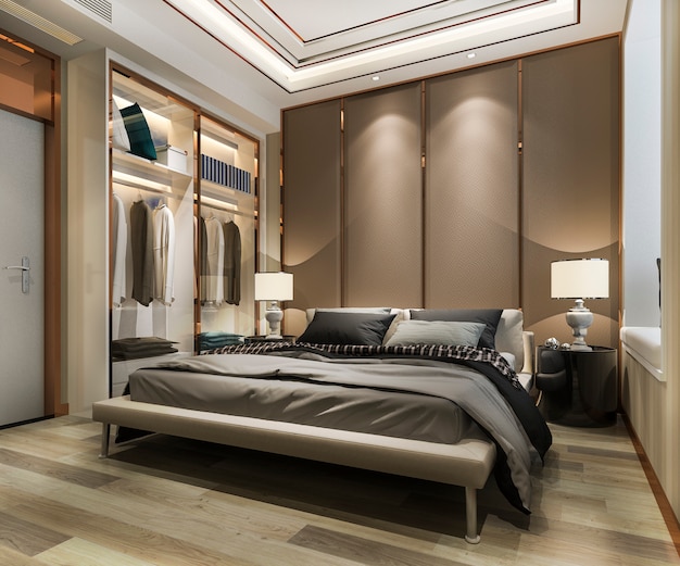 3d rendering luxury modern bedroom suite in hotel with wardrobe and walk in closet