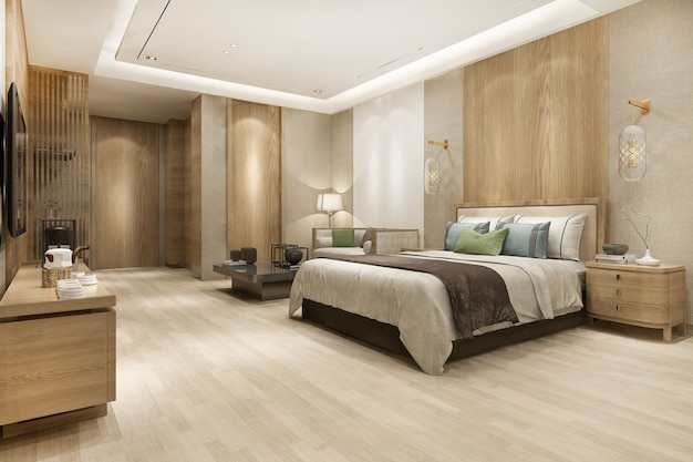 3d rendering luxury modern bedroom suite in hotel with wardrobe and walk in closet