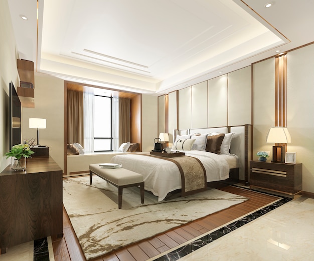 3d rendering of luxury modern bedroom suite in hotel