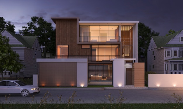 3d rendering luxury modern design wood building near park and nature at night scene