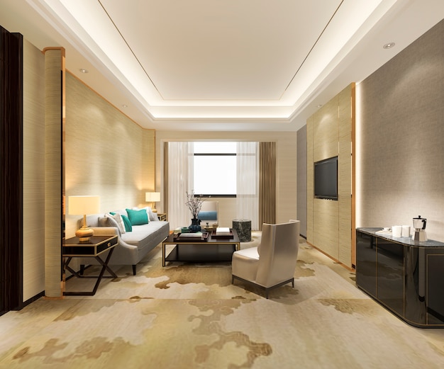 3d rendering luxury and modern living room in suite hotel with carpet