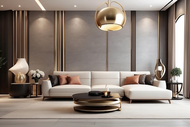 3d rendering luxury and modern living room with leather sofa and lamp