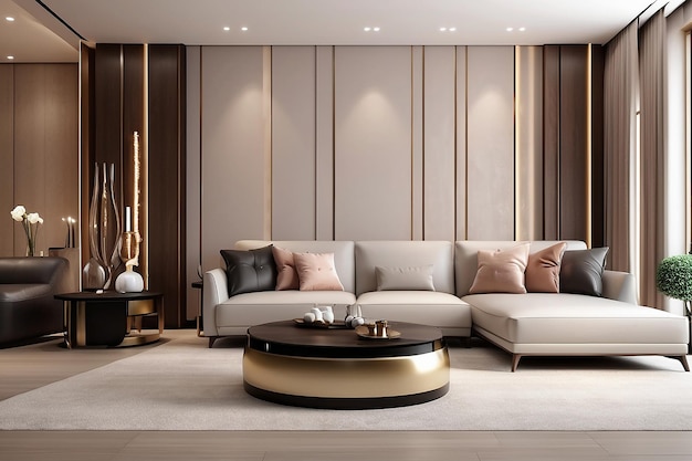 3d rendering luxury and modern living room with leather sofa and lamp