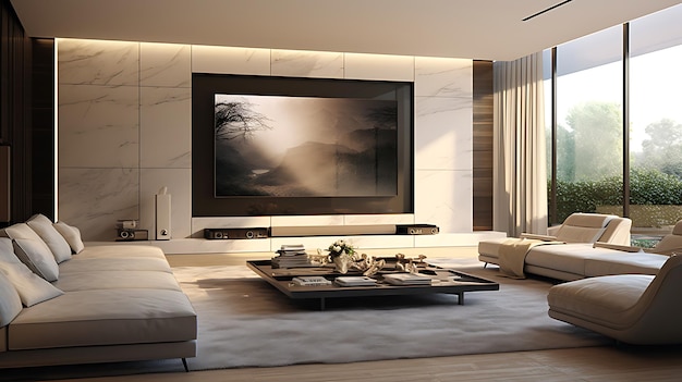 3d rendering luxury and modern living room with tv set on wall