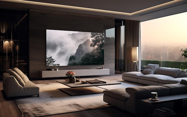 3d rendering luxury and modern living room with tv set on wall