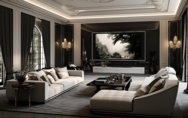 3d rendering luxury and modern living room with tv set on wall