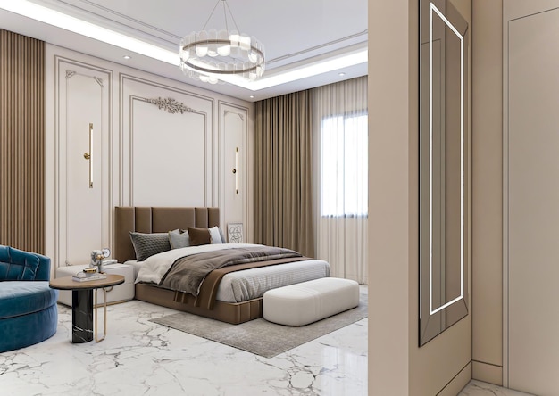 3d rendering luxury neoclassic bedroom interior design