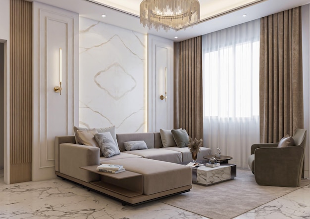 3d rendering luxury neoclassic living and dining interior design