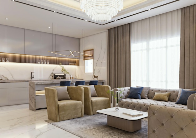 3d rendering luxury neoclassic living and open kitchen interior