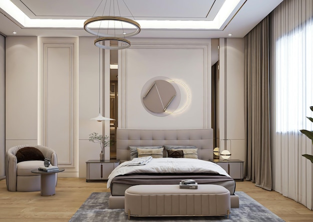 3d rendering luxury neoclassic master bedroom interior