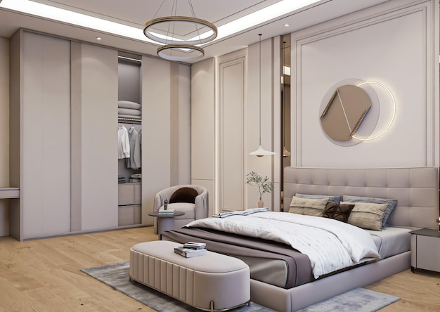 3d rendering luxury neoclassic master bedroom interior