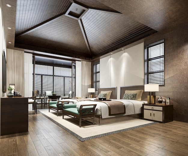 3d rendering luxury tropical bedroom suite in resort hotel and resort