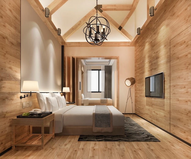 3d rendering luxury tropical bedroom suite in resort hotel