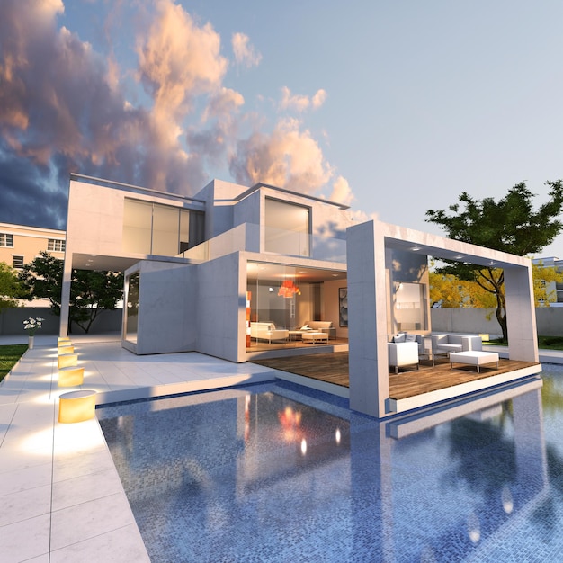 3D rendering of a magnificent modern house with pool