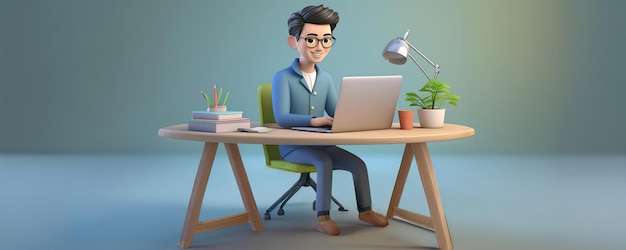 3d rendering male characters working at desk with laptop