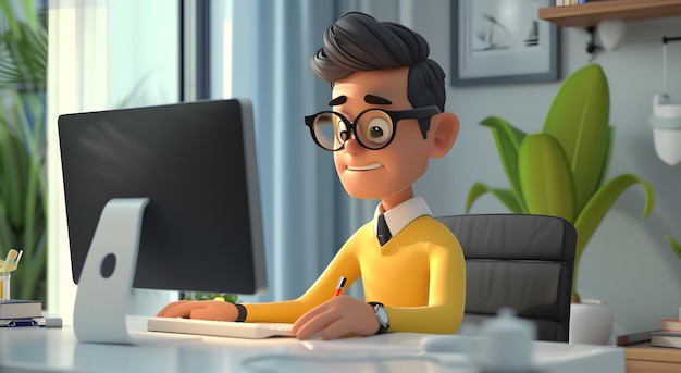 3d rendering male characters working at desk with laptop