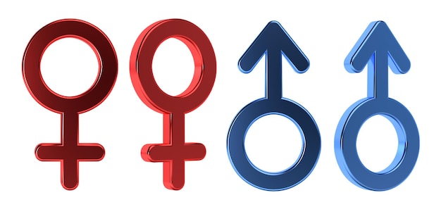 3d rendering male and female symbols. Gender signs. Blue and red metallic color.