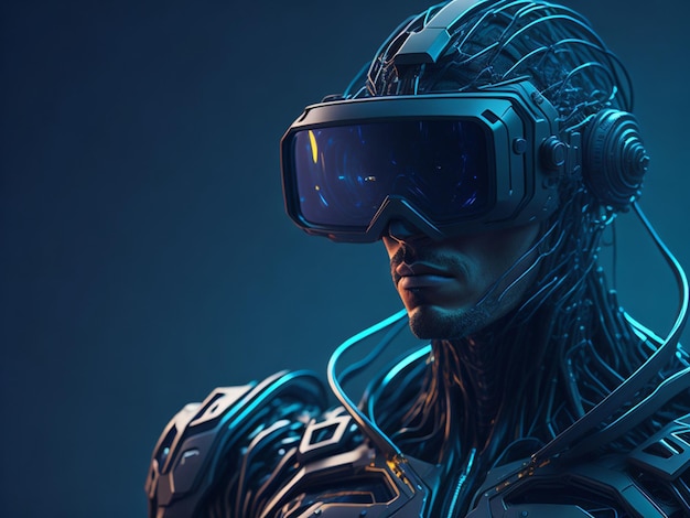 3D rendering of a male robot wearing virtual reality goggles over dark background