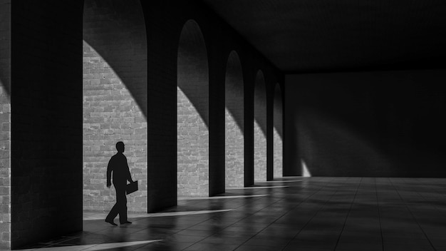 3D Rendering Of A Man In Hallway Illustration