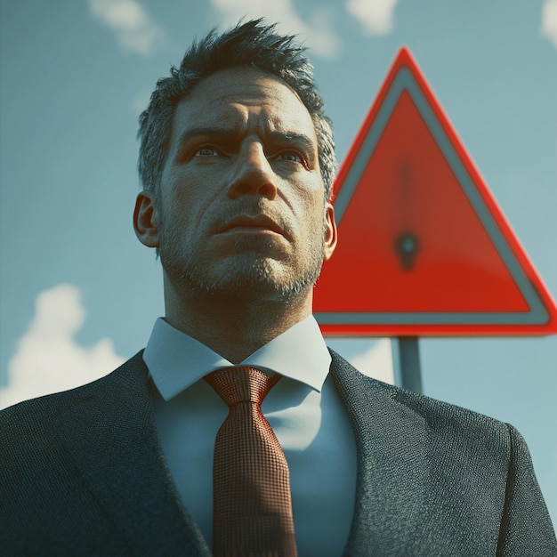 3D rendering of a man in a suit and tie with a red warning sign