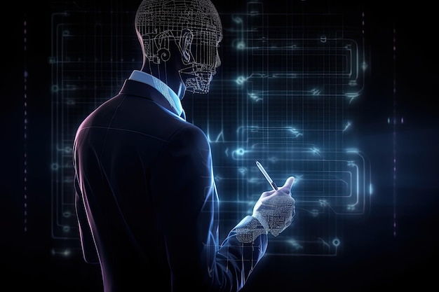 3D rendering of a man in a suit with a pen in his hand artificial intelligence holographic businessman AI Generated