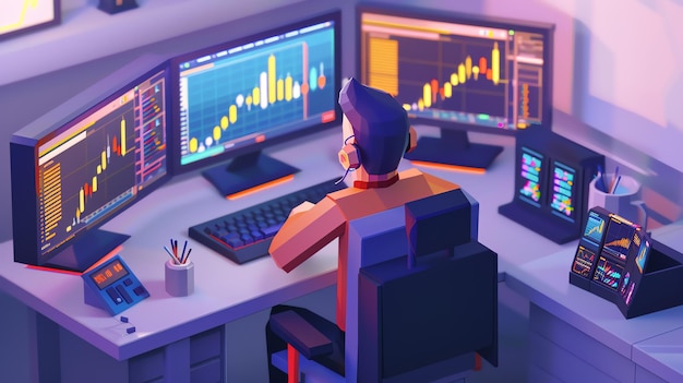 Photo a 3d rendering of a man wearing headphones and looking at multiple computer screens displaying stock charts