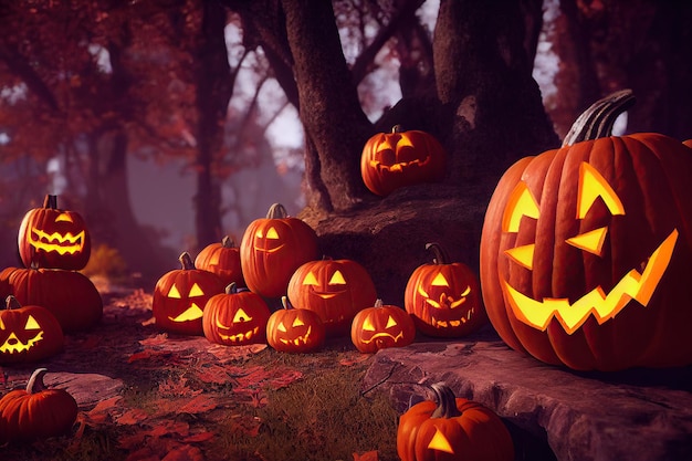 3D rendering of many halloween pumpkin background