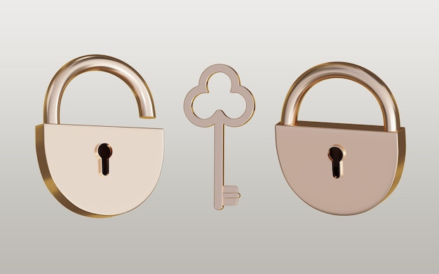 3D rendering of metal key and locks